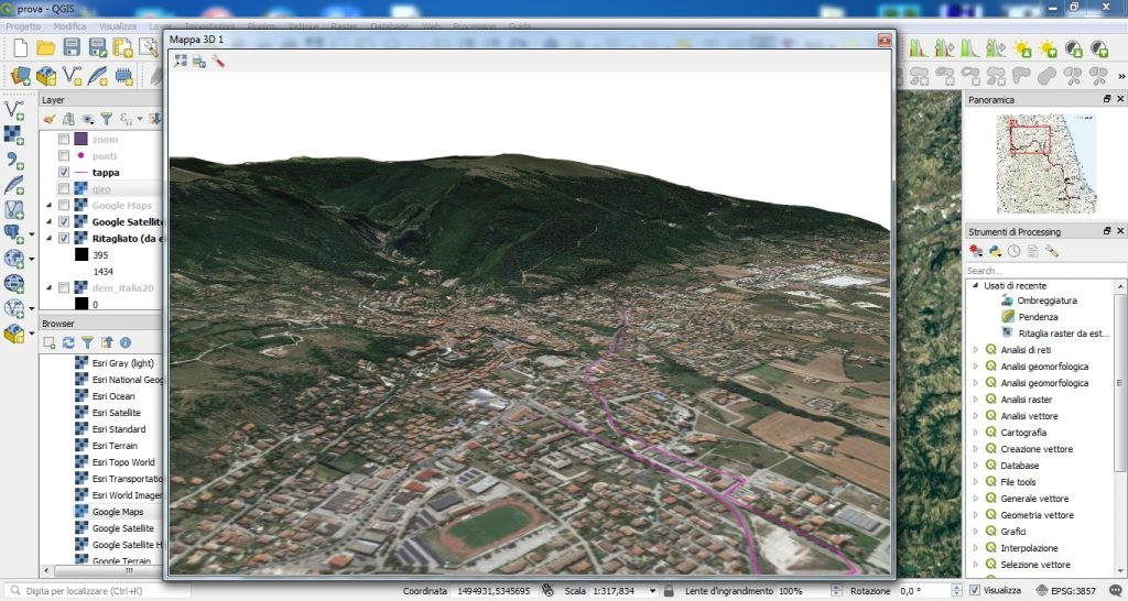 pannello vista 3d di qgis 3